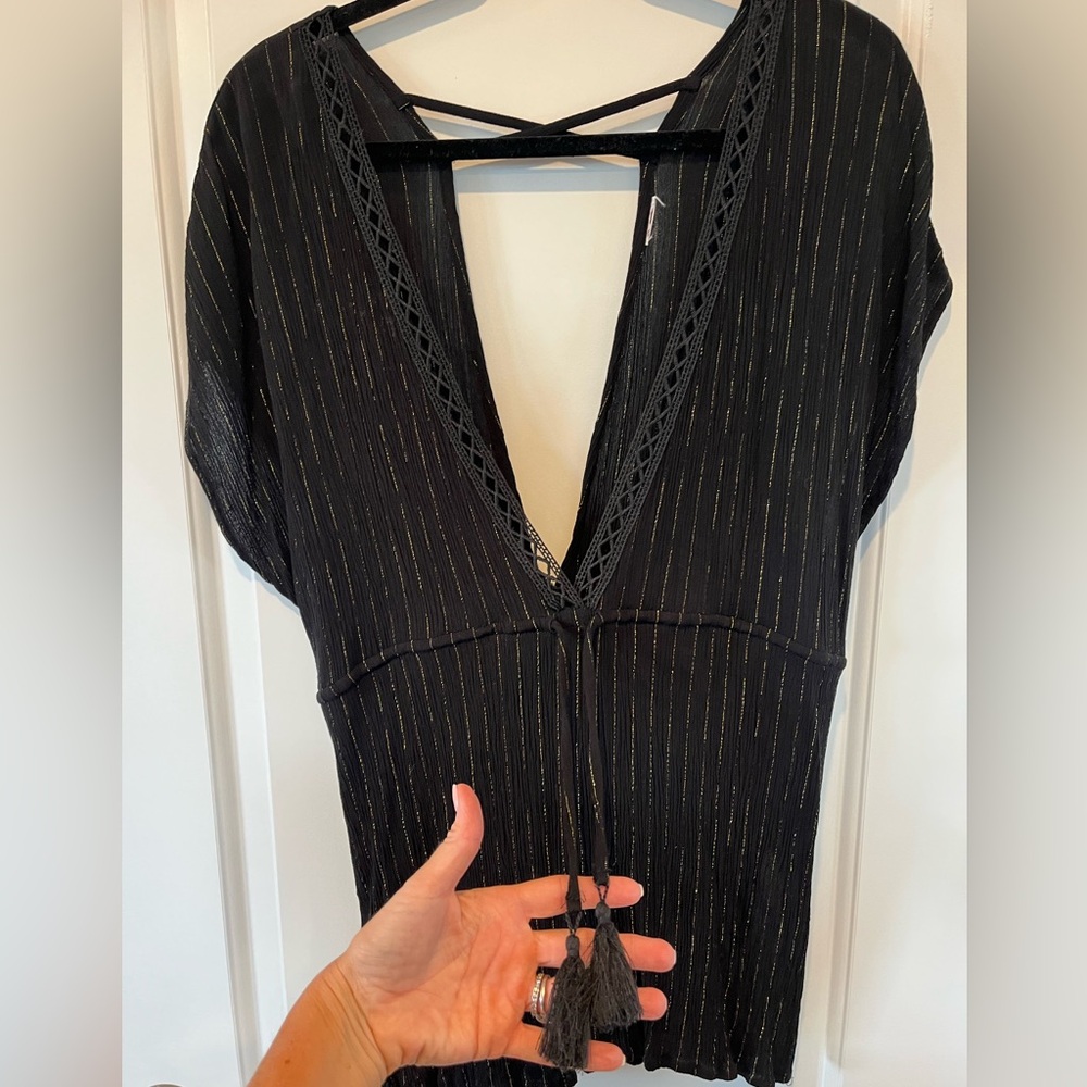 💜 Xhilaration - Black & Metallic Gold Swim Beach Coverup Dress - Deep V - Small - Picture 3 of 8